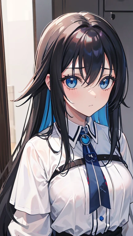 Obra maestra, mejor calidad, 1 chica, pelo largo, mirando al espectador, :3, lindo, negro , al aire libre, calles, tiro de vaquero, pechos grandes, curvas, (((blue eyes))), Rias Gremory, cabello rojo, pelo de antena, pelo ondulado, ((hermosos ojos detallados, hermoso brillo detallado, mucho brillo)),