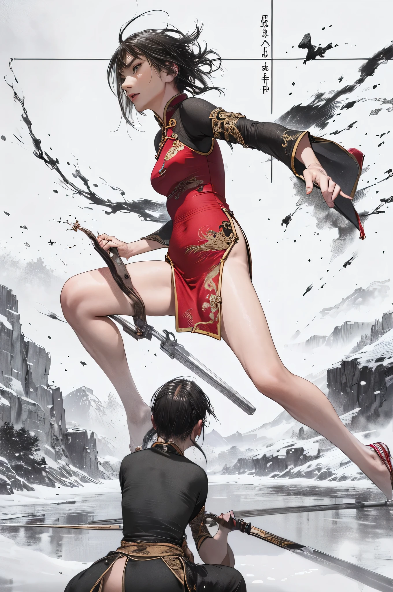 (best quality, 4k, 8k, highres, ultra-detailed:1.2),Chinese martial arts master, sophisticated embroidery, Chinese dress, 22-year-old, Flexible body, expressiveness, erotic, messy hair, dynamic postures, attacking from crouching stance