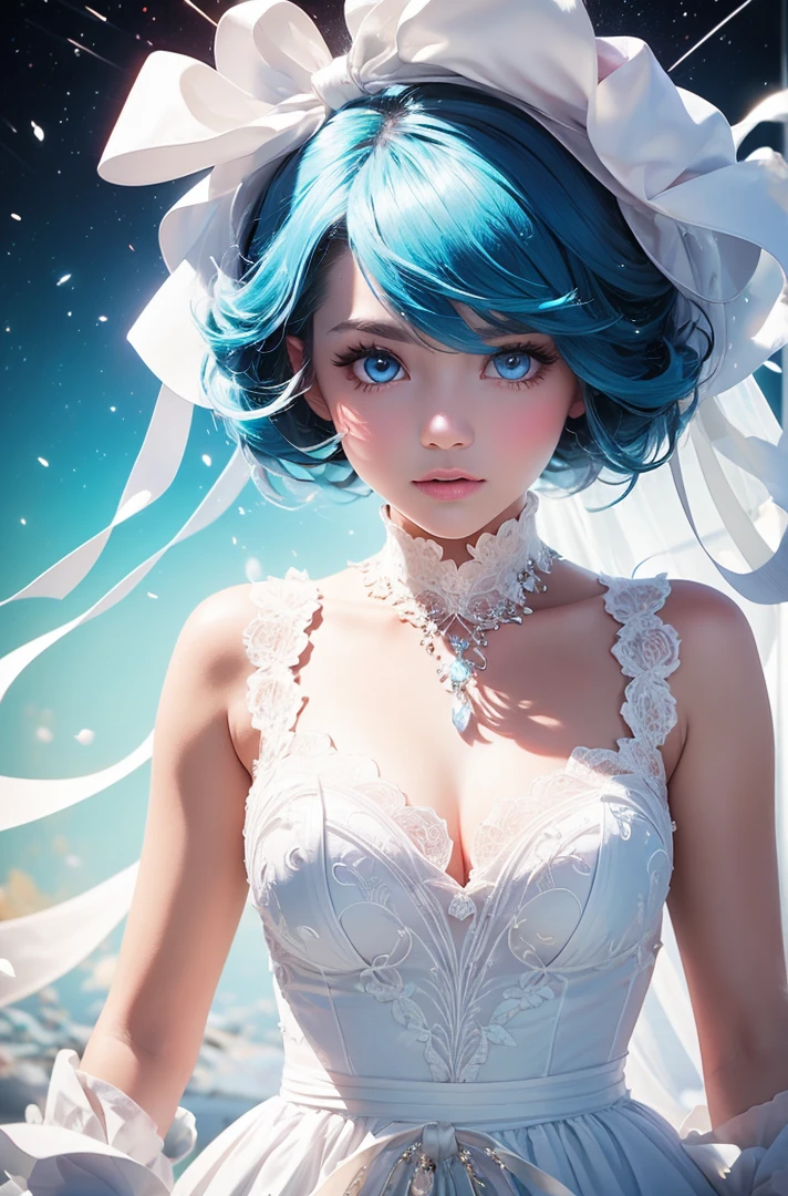 masterpiece, highest quality, Zoom out from space，morning, sun, Long powder blue hair, Powder Blue Eyes，Face Focus，woman, puppy, cute，Milky white ribbon wedding costume, Mysterious, highest quality, Beautiful graphics, Attention to detail，In the ring of the planet