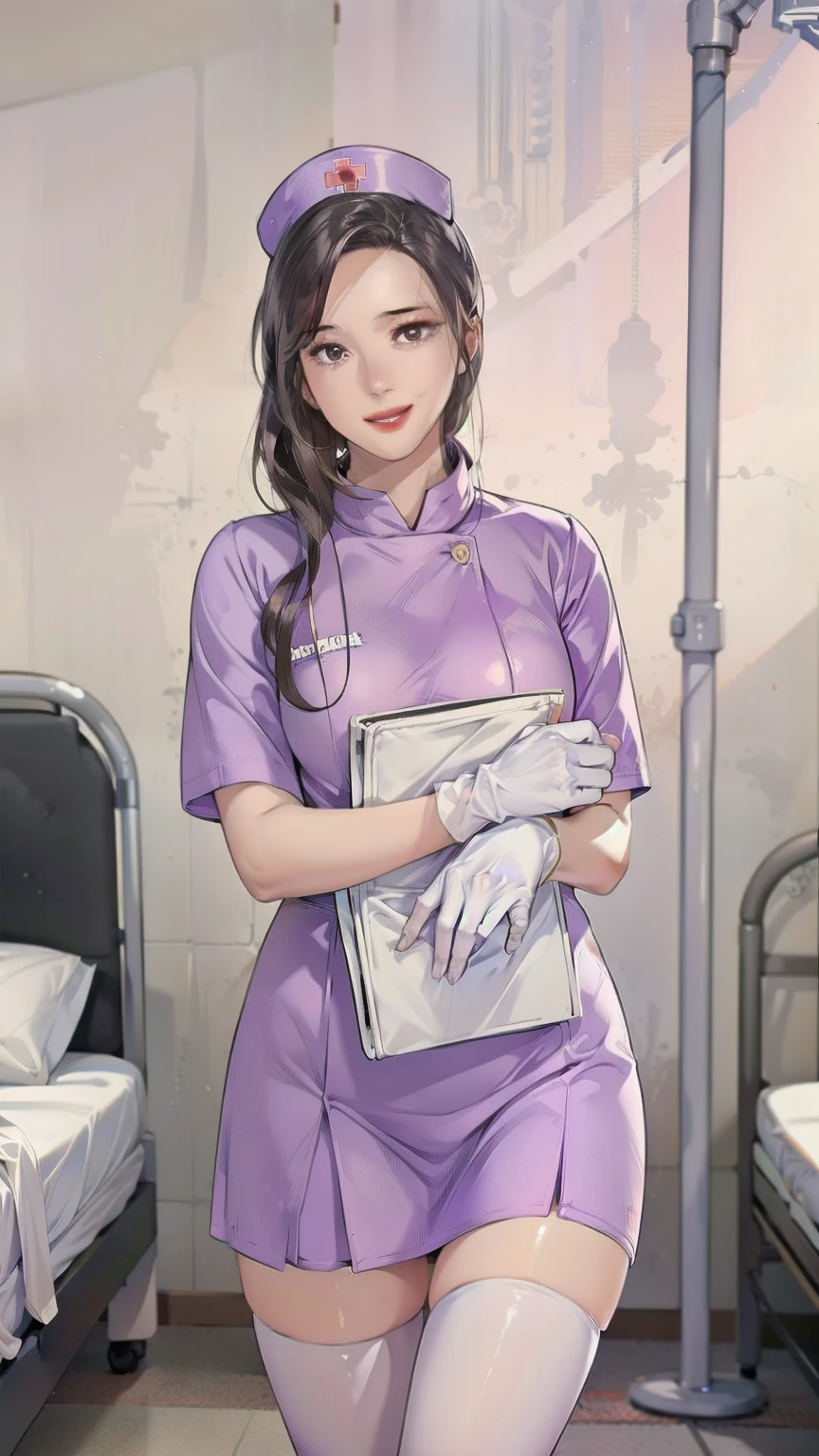 1 Female, alone, nurse, nurse cap, White, ((White legwear, zettai ryouiki)), White gloves, Long Hair, Purple Hair, Red eyes, Pink Lips, smile, Are standing, ((Hospital room)), Sharp contours, Short sleeve, Mature Woman, Age 35, highest quality, masterpiece