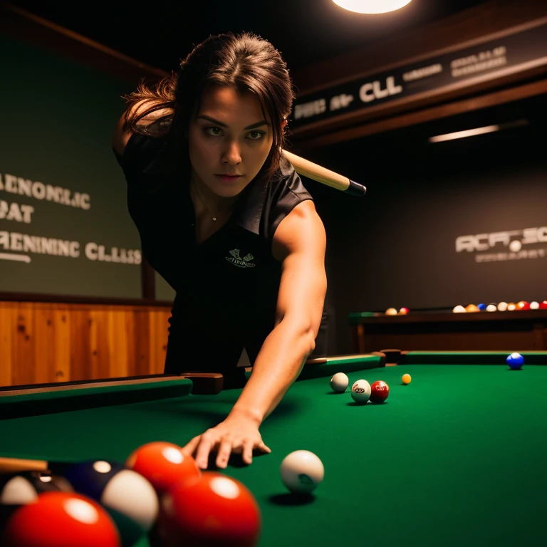 "(best quality, realistic:1.37), detailed woman, leaning on a billiard table with a cue in hand, crouched over the table ready to strike a ball with the cue, pool game, intense concentration, dimly lit room, vibrant colors, billiard balls scattered, polished wooden billiard table surface, reflective cues, dynamic movement, focused gaze, billiard chalk, careful aim, skilled player, competitive atmosphere, smoky ambiance, chalked cue tip, smooth green felt, precise stroke, billiard cues lined up on the wall, chalk marks on the table, anticipation of victory, strategic positioning, lively energy, precision shots, tense anticipation, shadows cast by the overhead lights, energetic collisions, motion blur, spectators observing, soft music playing, millimeter-perfect shot, curved arc of the cue stick, dynamic angles, billiard balls in motion, satisfying clack, satisfying crack, suspenseful moment, dramatic tension."