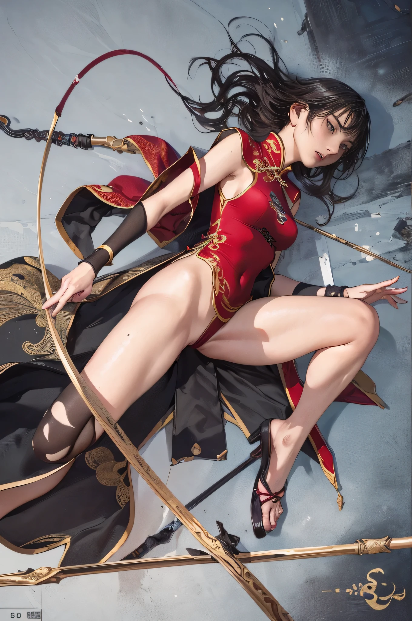 (best quality, 4k, 8k, highres, ultra-detailed:1.2),Chinese martial arts master, sophisticated embroidery, Chinese dress, 22-year-old, Flexible body, expressiveness, erotic, messy hair, dynamic postures, attacking from crouching stance