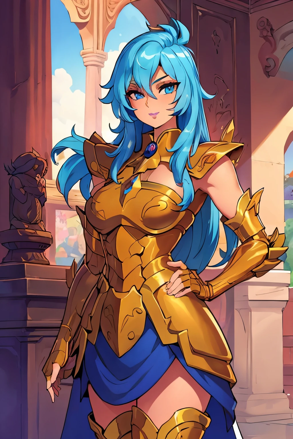 obra maestra, Mejor calidad, obra maestra, cara detallada, ojos detallados, cuerpo completo, 1 chica, pelo azul, pelo largo, blue hair, long hair, red lips, armadura de bikini femenina, gold armour,gemas aguamarina, rosa en la boca, templo griego, rosas en el suelo, sexy,