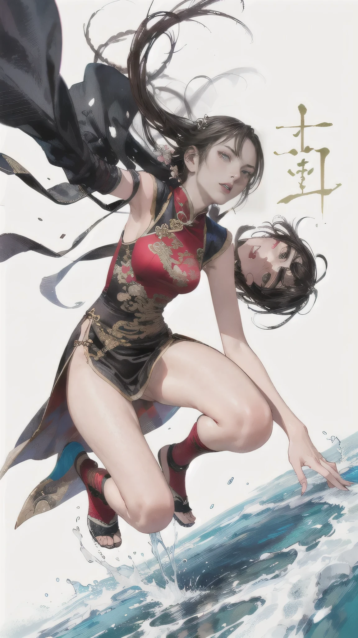 (best quality,highres),detailed portrait of a female Chinese martial arts expert,22 years old,[luxuriously embroidered Chinese dress],[sensual,alluring],[disheveled hair],showcasing agility,[full body],attacking from a crouching position