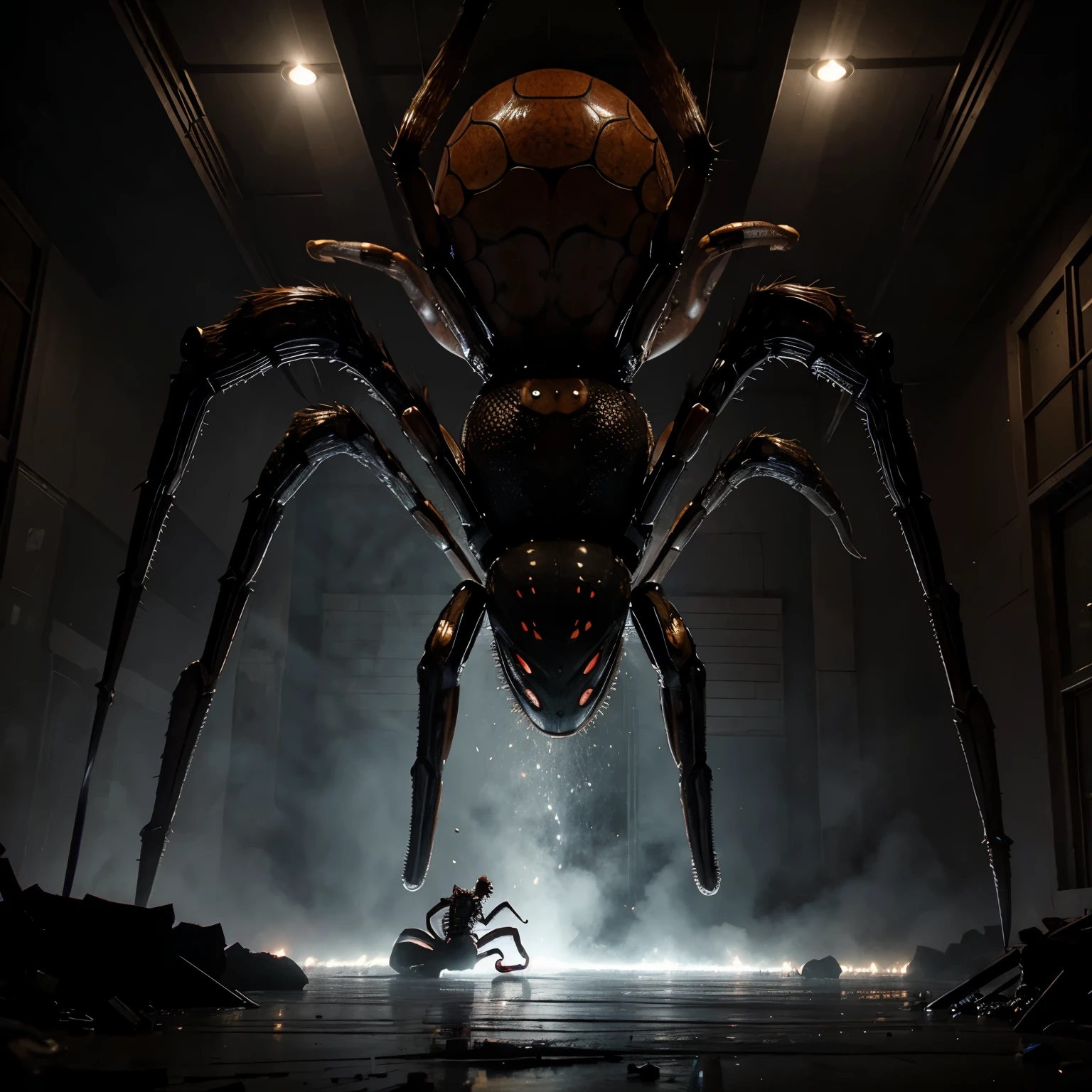 Giant scary spider fighting a octupus