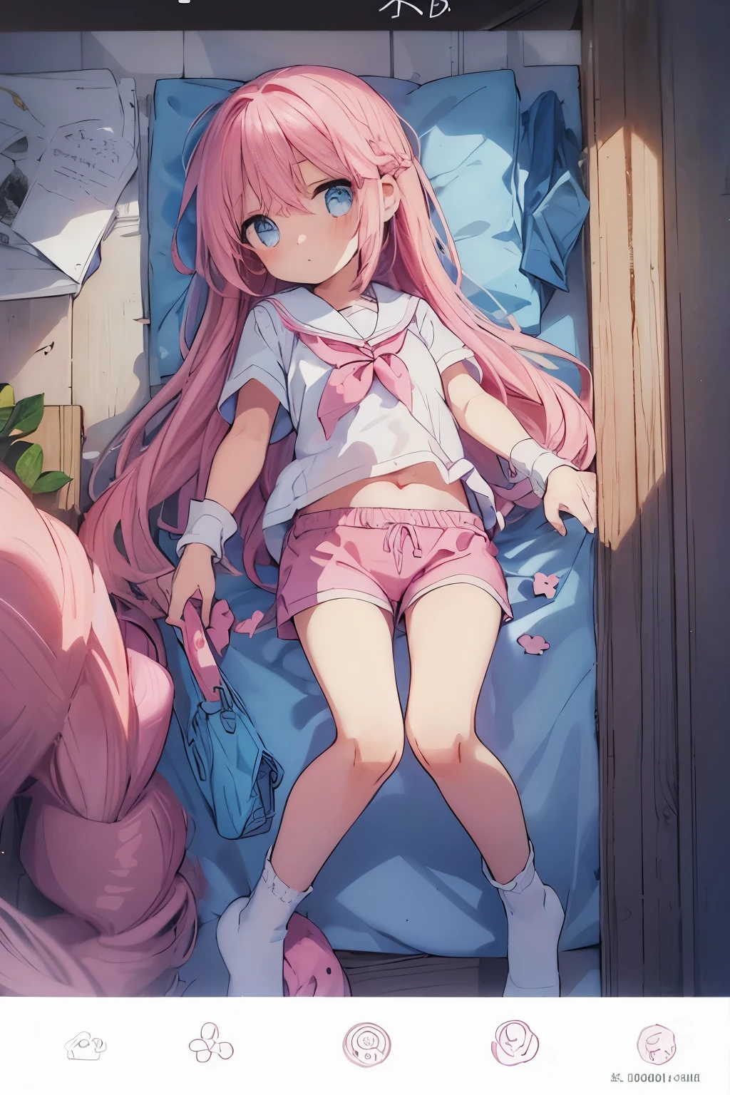 Beautiful illustrations, highest quality, (:1.4)、(pretty girl:1.5)、、Flat Chest、Sailor collar、(White long tunic)、Long sleeve sailor suit、Blue-line cuffs、(Pink Chino Shorts:1.7)、(Pink shorts with wide openings:1.6)、Gap between thigh and pants、Thin thighs、White socks、 Cinema Lighting, (Pink Long Hair)、Pink Straight Hair、Redness on the cheeks、(Braiding of the back of the head)