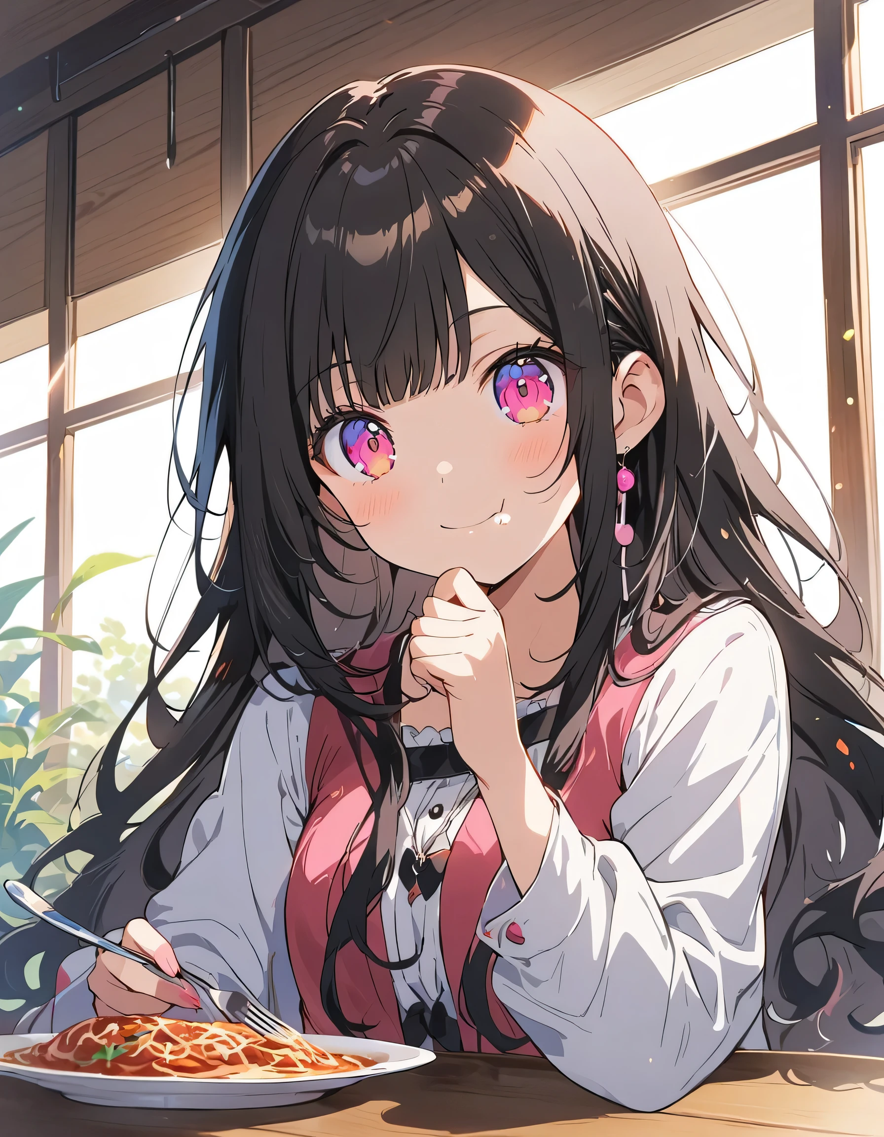 (1 girl)、(Eating spaghetti Napolitana skillfully using a fork)、(Extremely detailed Neapolitan)、Inside the cafe at noon、Smiling、(highest quality、masterpiece、High resolution、detailed)、anime style、Flat Style、(iridescent eyes,Beautiful Face),extremely detailed、floating, (High saturation), Sunshine from the window, (Shine), Focus on Neapolitan:1.2, Dynamic Angle、anime