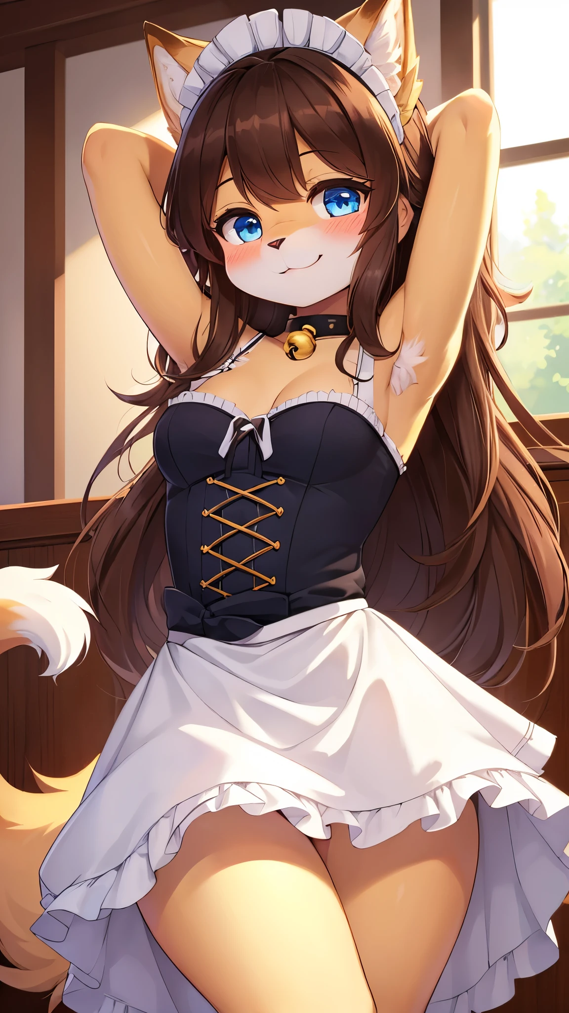 best quality,best resolution,(fluffy anthro furry :1.6),(young :1.6),cat girl,small breasts,dark brown hair,long hair,wavy hair,curvy hair,gold canine fur,gold dog tail,gold fur,blue eyes,glistering eyes,sparkle eyes,small bell collar,maid outfit,maid headdress,maid gloves,ruffles,beautiful cafe,white light,looking at viewer,full face blush,happy face,smile,heart eyes,heart expression eyes,armpits,shiny armpits,very close eyes,one eyes close,sexy pose