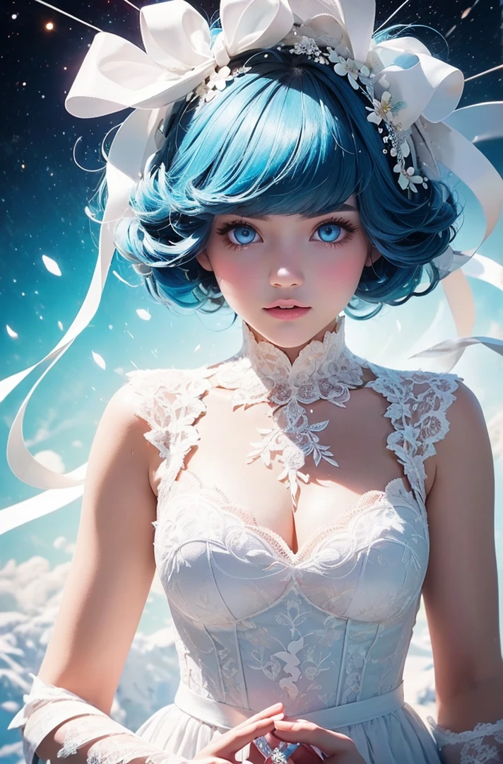 masterpiece, highest quality, Zoom out from space，morning, sun, Long powder blue hair, Powder Blue Eyes，Face Focus，woman, puppy, cute，Milky white ribbon wedding costume, Mysterious, highest quality, Beautiful graphics, Attention to detail，In the ring of the planet