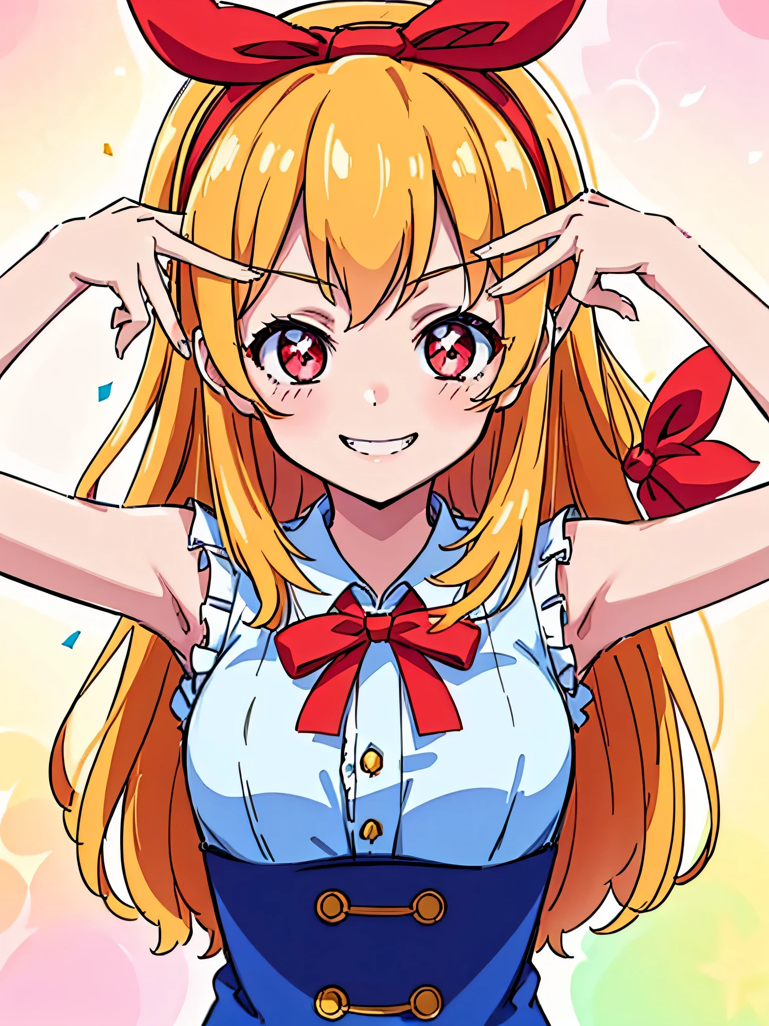 (red ribbon on hairband:1.2),(8K, best quality, muste piece:1.2)、ultra high resolution,1 very cute girl,hosimiya ichigo,ultra-detailed face, detailed eyes,RED eyes,smile, grin, happy,,masterpiece, best quality, extremely detailed, 1 girl,souvenir jacket,Sleeveless, confetti1 girl, ai's pose:1.1