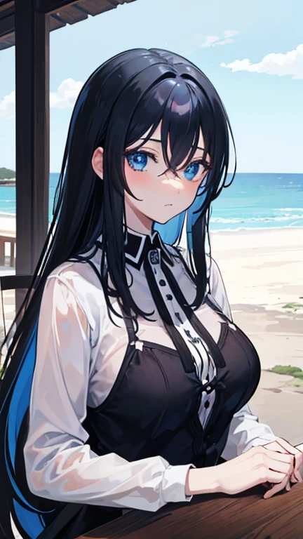 Obra maestra, mejor calidad, 1 chica, pelo largo, mirando al espectador, :3, lindo, negro , al aire libre, calles, tiro de vaquero, pechos grandes, curvas, (((blue eyes))), Rias Gremory, cabello rojo, pelo de antena, pelo ondulado, ((hermosos ojos detallados, hermoso brillo detallado, mucho brillo)),