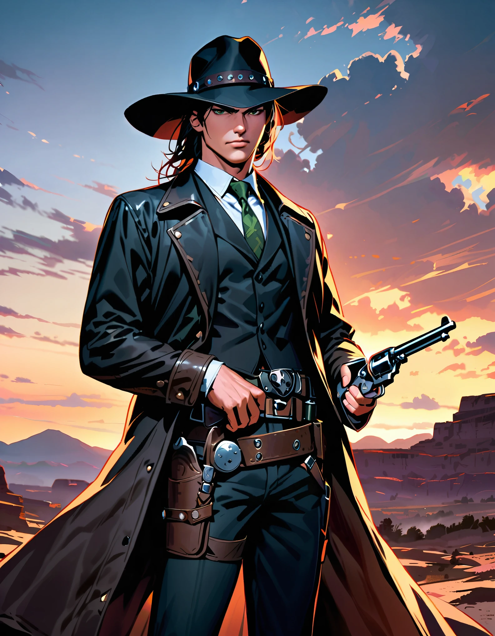 semi-realistic, solo, solo focus, ****ung black-haired man, long black vest, serious look, 1 man, green eyes, full body shot, cowboy bounty hunter on modern setting, cowboy shot, black hat, necktie, long black coat, fingerless gloves, black pants, belt buckle, shoes, serious look, (holding gun, holding weapon, Colt revolver handgun, finger on trigger), spaghetti western atmosphere