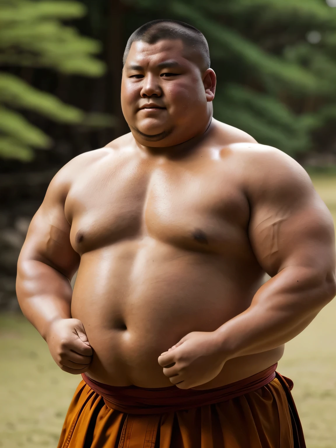A young monk from ancient Japan, who looks like a fat bodybuilder like a sumo wrestler、He was standing there with a sunburned face and a haggard look on his face.