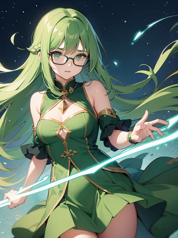 girl,green wizard,glasses,racy slit long skirt,spell cast,wind