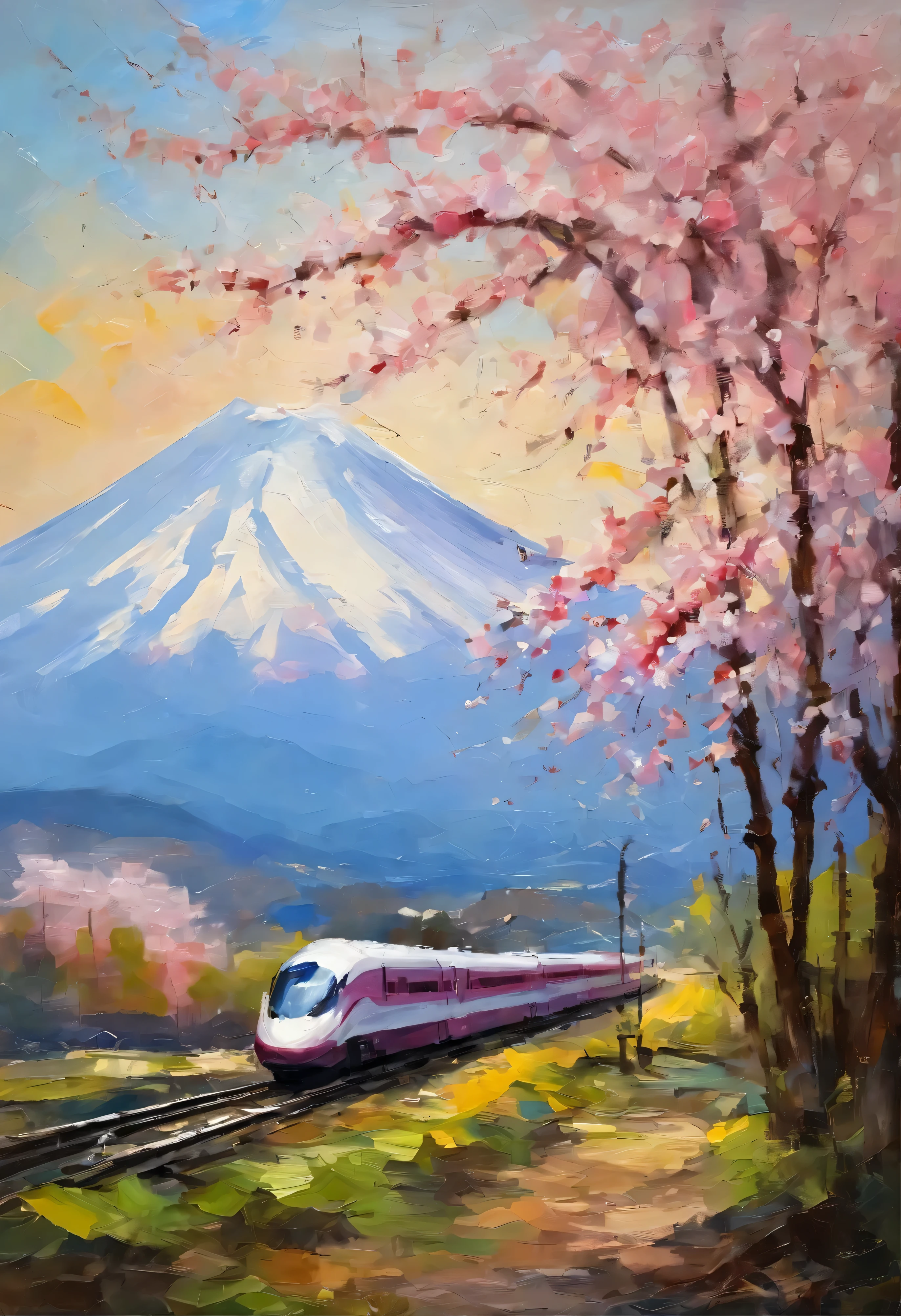 bullet train near mount fuji. cherry blossom trees in bloom. beautiful painting