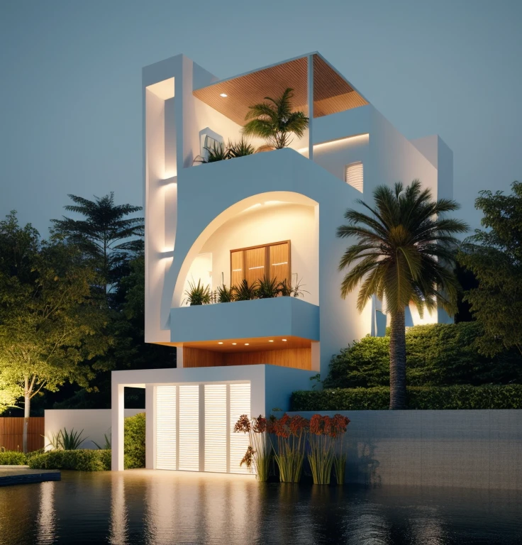 Realistic, hyper detail, 1 morden house, 1 road infront of the house, night light, light from indoor:1.3, few red flower, main maerial about white wall and wooden cladding