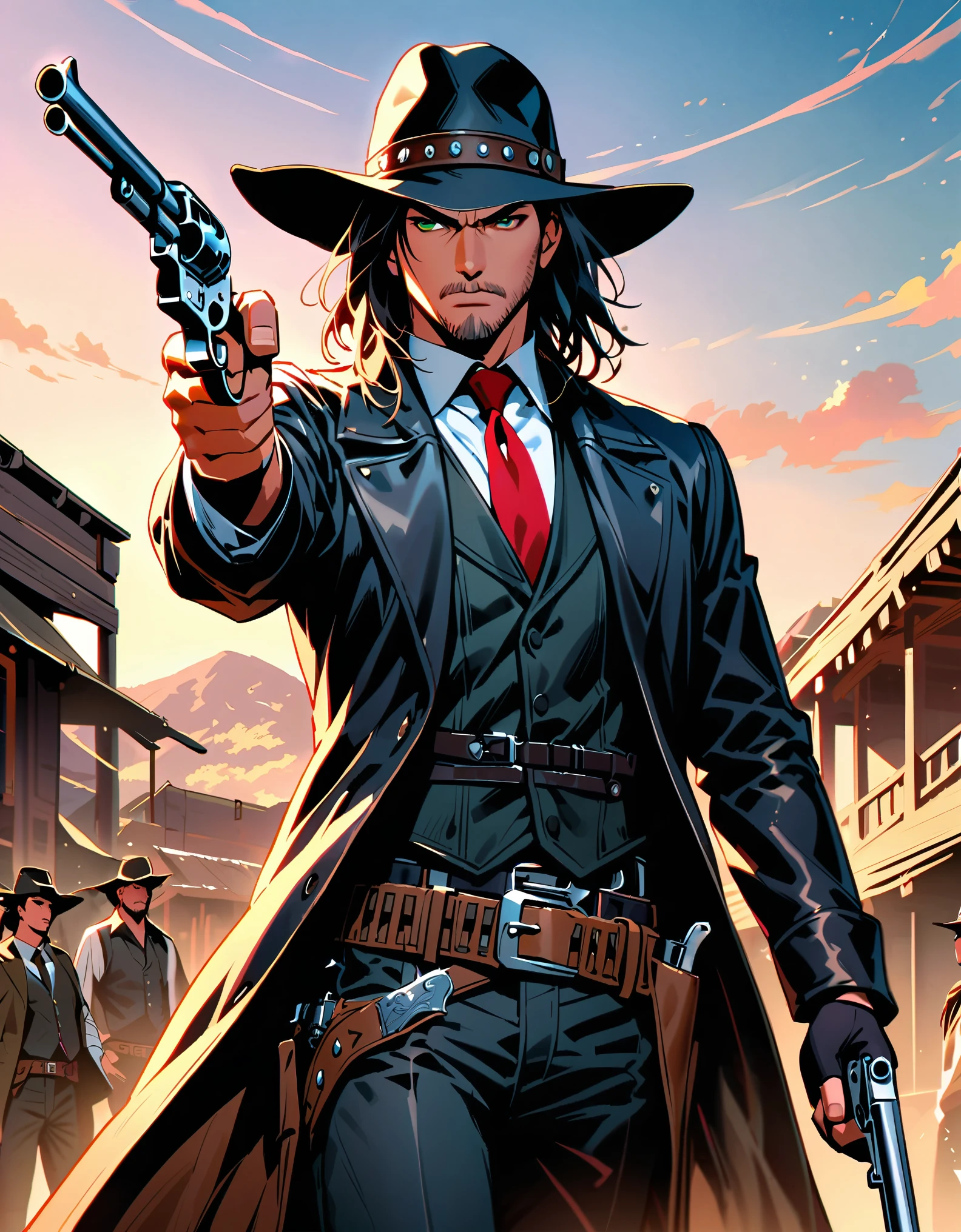 semi-realistic, solo, solo focus, ****ung black-haired man, long black vest, serious look, 1 man, green eyes, full body shot, cowboy bounty hunter on modern setting, cowboy shot, black hat, necktie, long black coat, fingerless gloves, black pants, belt buckle, shoes, serious look, (holding gun, holding weapon, Colt revolver handgun, finger on trigger), spaghetti western atmosphere