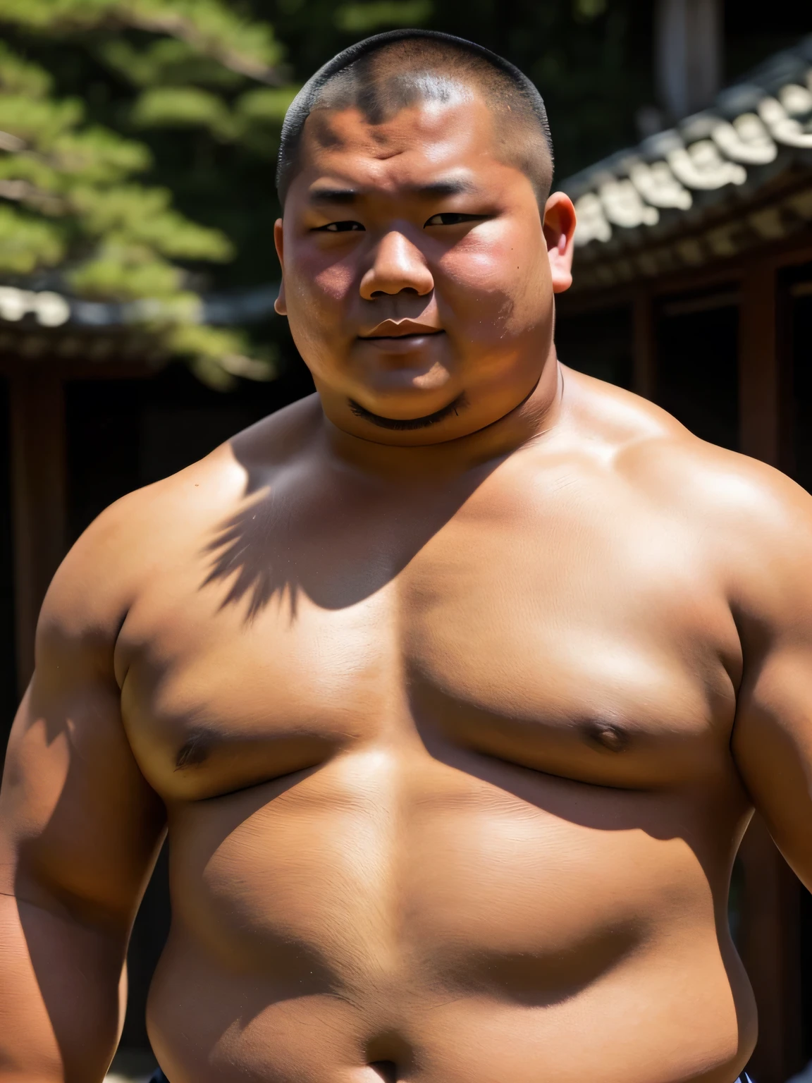 A young monk from ancient Japan, who looks like a fat bodybuilder like a sumo wrestler、He was standing there with a sunburned face and a haggard look on his face.

