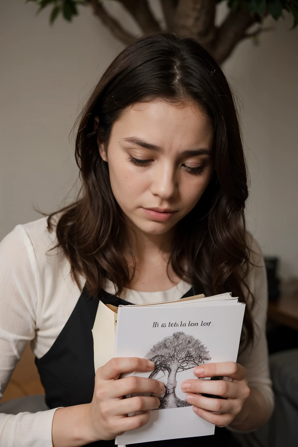 un arbol con rostro de mujer llorando, que tengo en sus ramas las tareas domesticas de la mujer y un hombre con traje queriendo talarlo