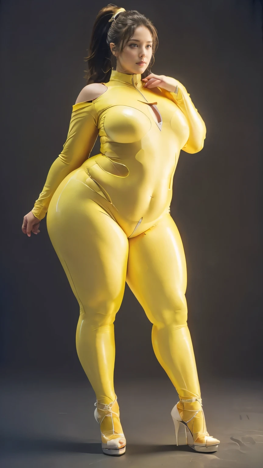 (highest quality、8k、32k、masterpiece、Ultra-high resolution:1.2、Perfect body beauty:1.2、Wearing a futuristic hero suit that glows pale yellow and white:1.5、Cute 25 year old White woman、Big and ample breasts:1.5、Upper Body、front、Simple Background、Looking at the audience、Dynamic pose:1.8、sunlight、nswf:1.5 ((Light yellow rubber suit)),((Huge slack)),((heavy body)),((Wide Hips)),((Thick body)),((Fat belly)),((Fat girl)),((Chubby)),((Big Size)),((White woman)),((Brown Hair)),((short hair)),((blue eyes)),((Full body portrait))、Long socks、I can't see my bare skin、High heels、Full body portrait、ponytail、Simple Background、Full body portrait、Full body portrait、High heels、Stand with your feet shoulder-width apart、One Woman、