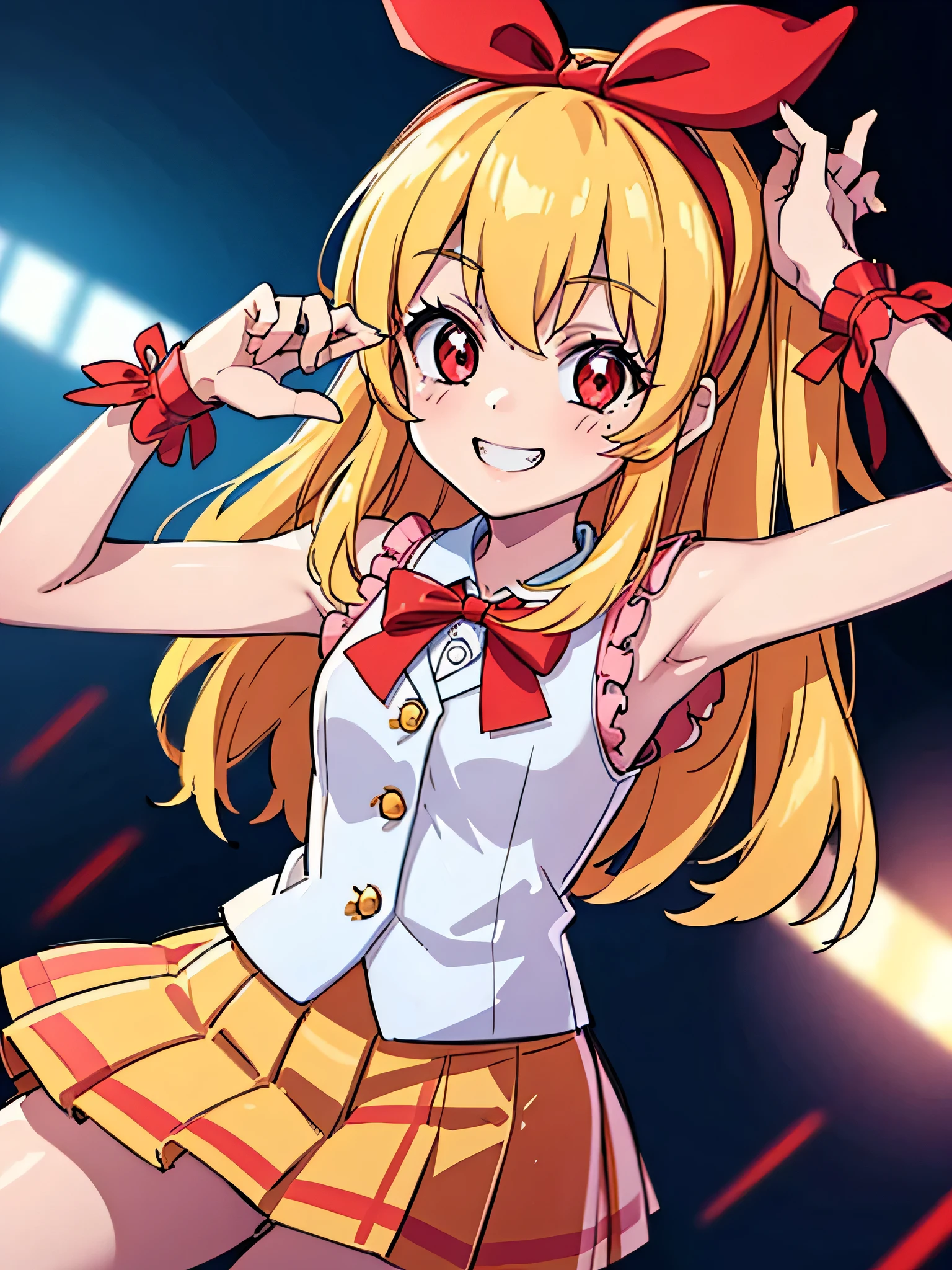 (red ribbon on hairband:1.2),（8K, best quality, muste piece:1.2)、ultra high resolution,1 very cute girl,hosimiya ichigo,ultra-detailed face, detailed eyes,RED eyes,smile, grin, happy,,masterpiece, best quality, extremely detailed, 1 girl,souvenir jacket,Sleeveless, confetti1 girl, ai's pose:1.1