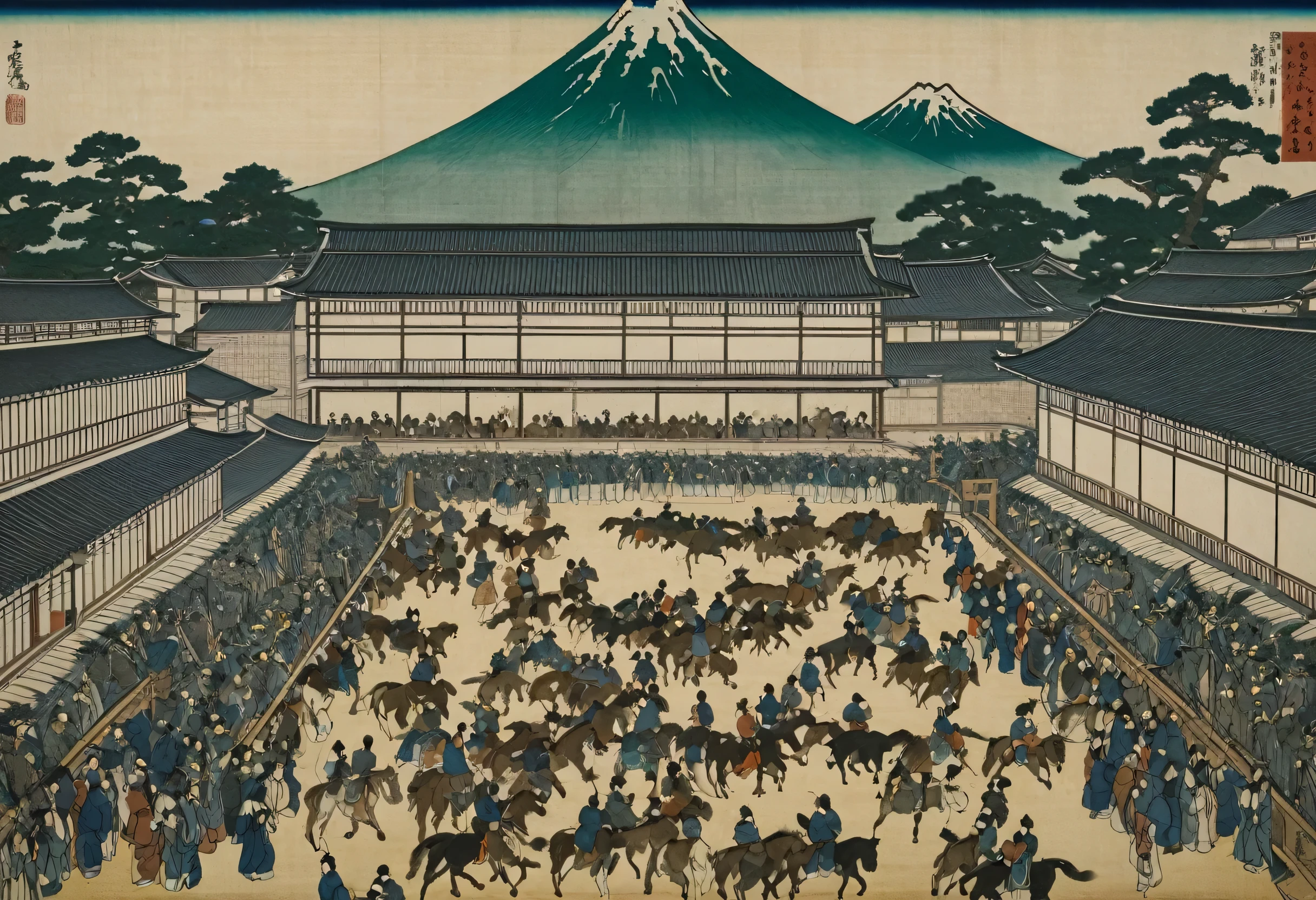 A crowd gathers in the open courtyard、Some people are riding horses, Katsushika Hokusai's paintings, Oil painting style、Feudal Japan, in Feudal Japan, Japan Tourism, Historical background, Feudal Japan, edo japan, Middle Ages Japan, Japanese Castle