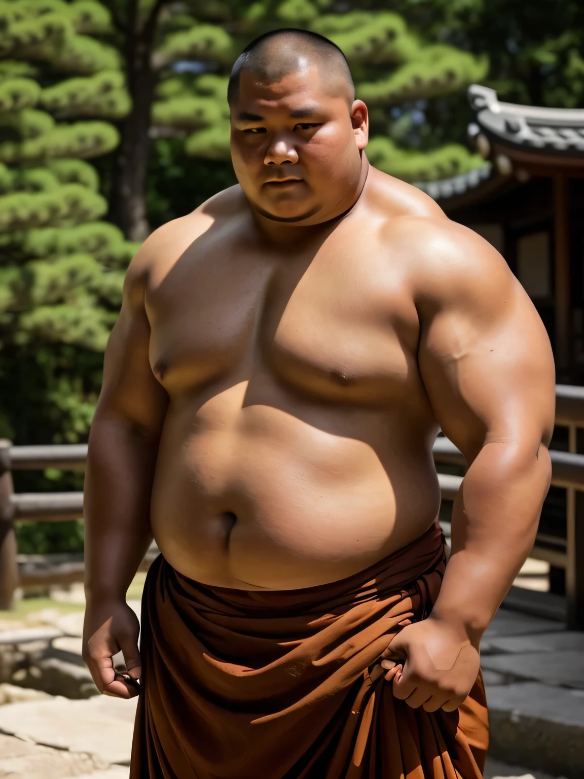 A young monk from ancient Japan, who looks like a fat bodybuilder like a sumo wrestler、He was standing there with a sunburned face and a haggard look on his face.