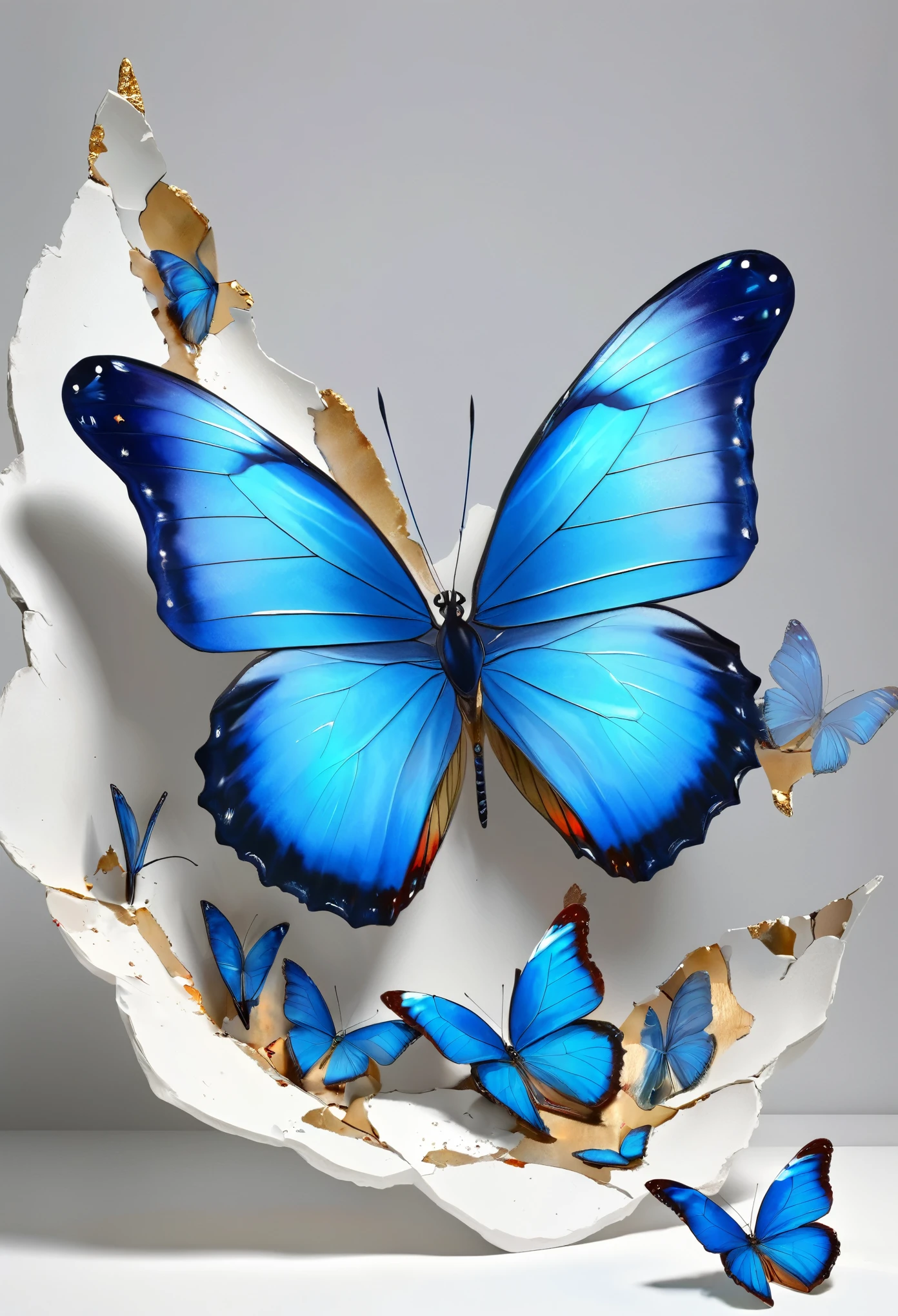 Art work，3D，A delicate blue butterfly on a broken portrait，