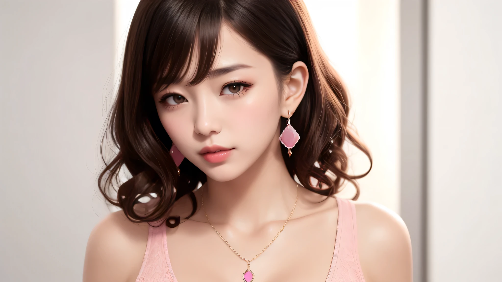 Look here、Gloss Lip、Curly Hair、The color of the clothes is pink、Sexy Earrings、Sexy Necklaces、