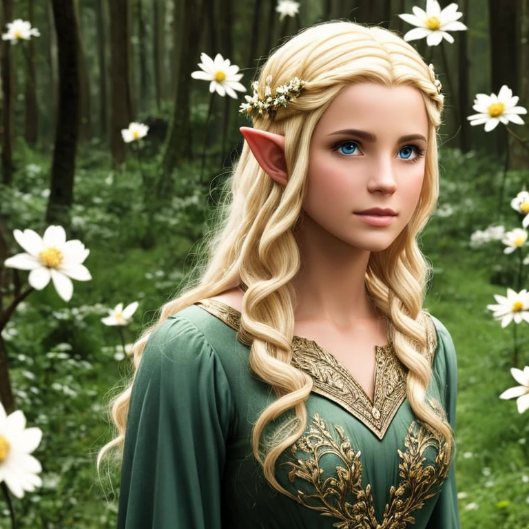 A blonde elf styled in the Lord of the Rings movie, caminhando em uma floresta cheia de flores 