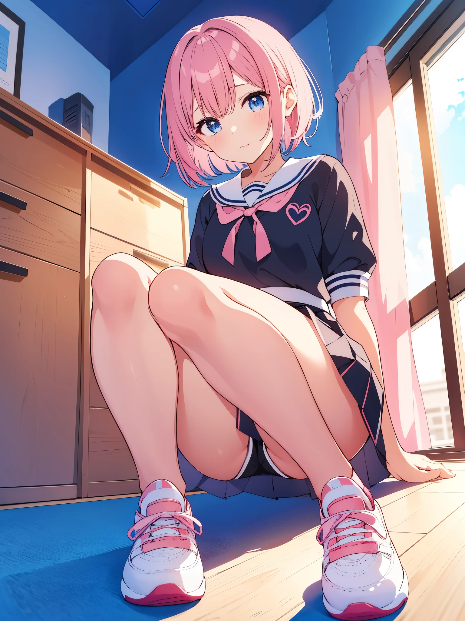  1 Beautiful vtuber girl short hair blue eyes pink hair in room with short black school skirt idol vestido cute with white stockings pink tennis shoes with black 