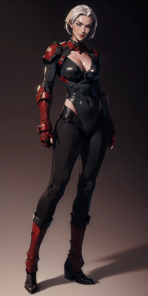 ((Plain background 1:2)) (Cammy White Street Fighter white silver short bob haircut) Female full body standing straight symmetrical looking to the viewer RED full body armored big breast knockers cleavage, leather collar choker, happy smile red cheeks, red gauntlets, red gloves, red military boots