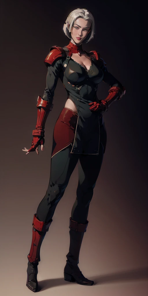 ((Plain background 1:2)) (Cammy White Street Fighter white silver short bob haircut) Female full body standing straight symmetrical looking to the viewer RED full body armored big breast knockers cleavage, leather collar choker, happy smile red cheeks, red gauntlets, red gloves, red military boots