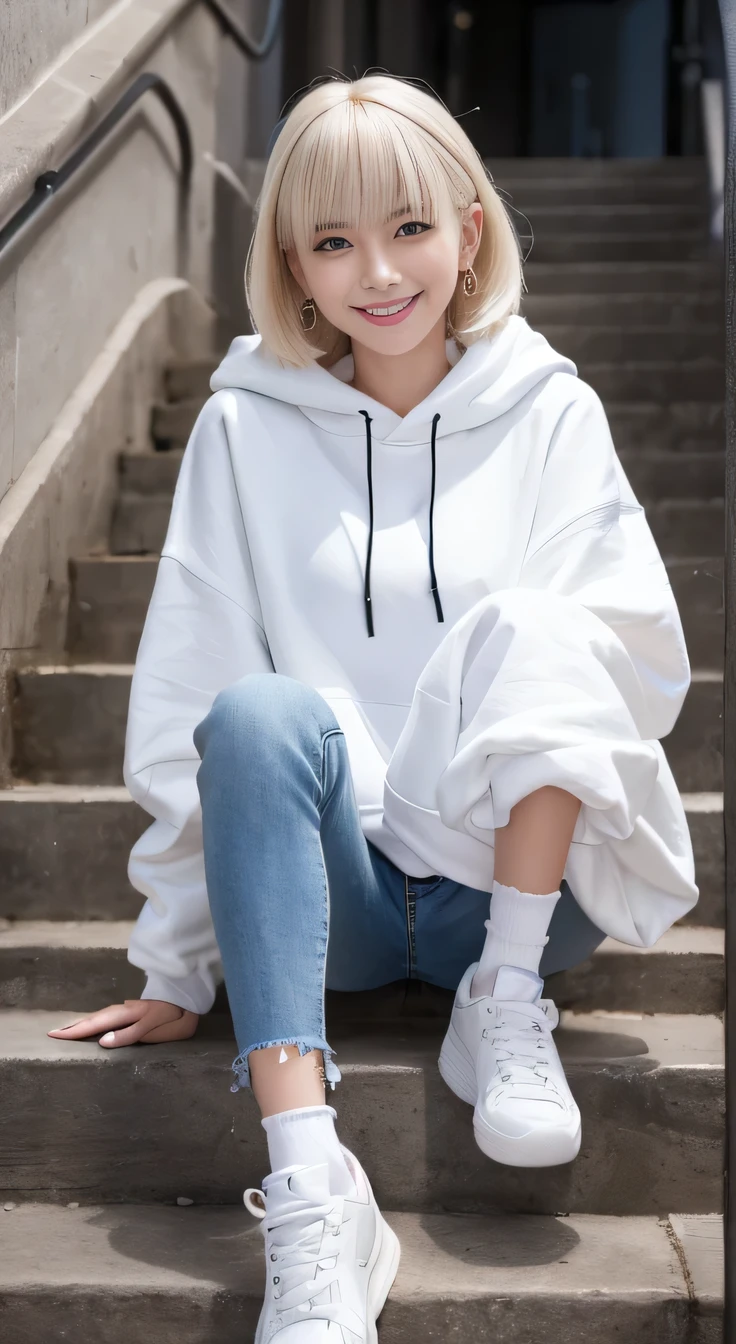 highest quality, Realistic, Very detailed, Finer details, High resolution, 8k wallpaper, One beautiful woman,Sit on the stairs、 Oversized hoodie, Skinny jeans, White sneakers,Putting on socks、Platinum Blonde Hair, hairstyle semi long、Beautiful Bangs、ear piercing、smile、Beautiful teeth alignment、Perfect dynamic composition, Beautiful and detailed, Full Body Shot, A big smile
