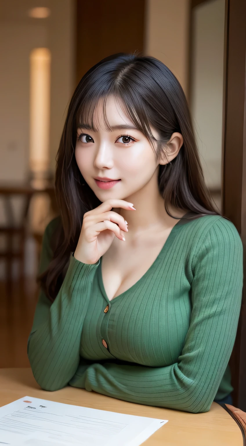 Tabletop, highest quality, Photorealistic, In detail, High resolution, 8k wallpaper, Perfect dynamic composition, Beautiful fine details, Medium Hair, Big ample breasts, Random sexy poses,Put your chest together、(Tight green knitwear)、(Breast Swelling 1.2)、Laughter、Open your mouth、Resort scenery、24-years-old、(Droopy Eyes 1.4)、Adult Beauty、Japanese