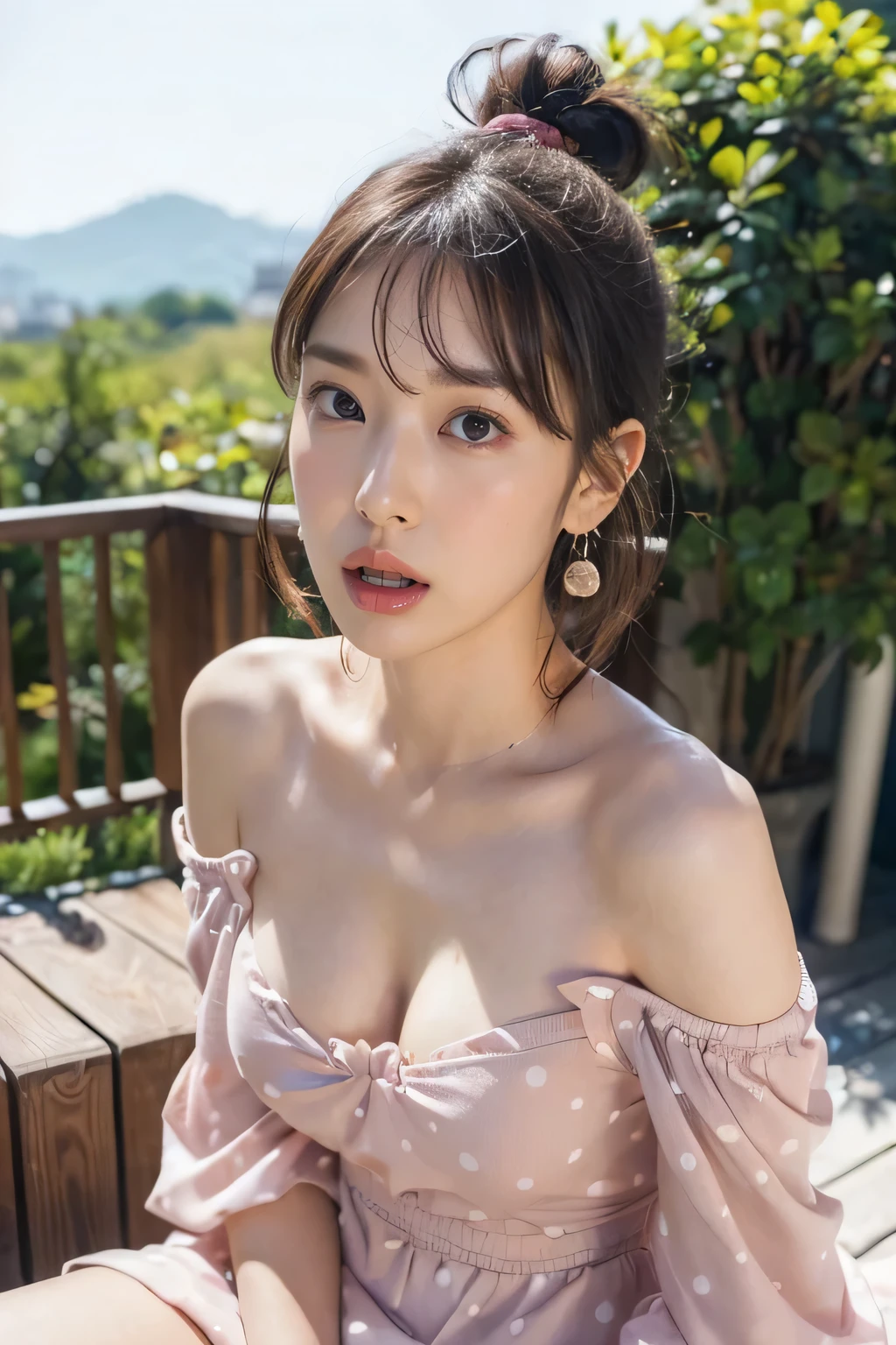 whole body,White striped wool sweater,Girl1people,In one people,
(8k, RAW Photos, highest quality, masterpiece:1.3),(Realistic, photo-Realistic:1.37),Realistic skin texture,(photoRealistic:1.3),(hyperRealistic:1.2),

32 years old, 1 person, ((Beautiful people announcer, Cute mouth:1.2)),

((Gorgeous Earrings, Long Necklace:1.2)), 
((Sit back in a stylish café terrace chair, people々Attract the attention of, Polka dot off-shoulder dress:1.5)),
(Pay attention to the beautiful thighs, Spread your crotch a little:1.5), 

((y atmosphere, Kissing Pose, hold out your lips, Cute and shy, Raise your face slightly, Gazing intently at the audience:1.2)),
((Inserting male genitalia into female genitalia while sitting, A look of little anguish:1.5)), 

Realistic skin texture, Fair skin, Shiny skin, Beautiful skin on legs, Beautiful feet, 
Highly detailed face, Slim face contour, Beautiful small face, Beautiful Nose, 
Ultra-detailed eyes, Slit eyes, Brown eyes, double eyelid, Ultra-thin eyebrows, Thin, long eyelashes, 
Ultra-detailed lips, Plump and moisturized lips, Glossy pink lips, Flushed Cheeks, 
Beautiful people actress&#39;s ennui make-up, Pink lipstick, Smoky eyeshadow, Eye foundation, 
Dark Brown Hair, Delicate soft hair, Hair blowing in the wind, 
(Elegantly putting your hair up, Medium Short Hair, ponytail:1.2), 
Layered Cut, (Blunt bangs:1.2), 
((Mouth slightly open to reveal white teeth, Stick out your tongue a little)), Body facing forward, 


((Raise your face slightly)),
((Squinting)), 
((pursing lips:1.2)),
((Blushing:1.2)),
((The cletween her breasts is  Beautiful breasts)), 
