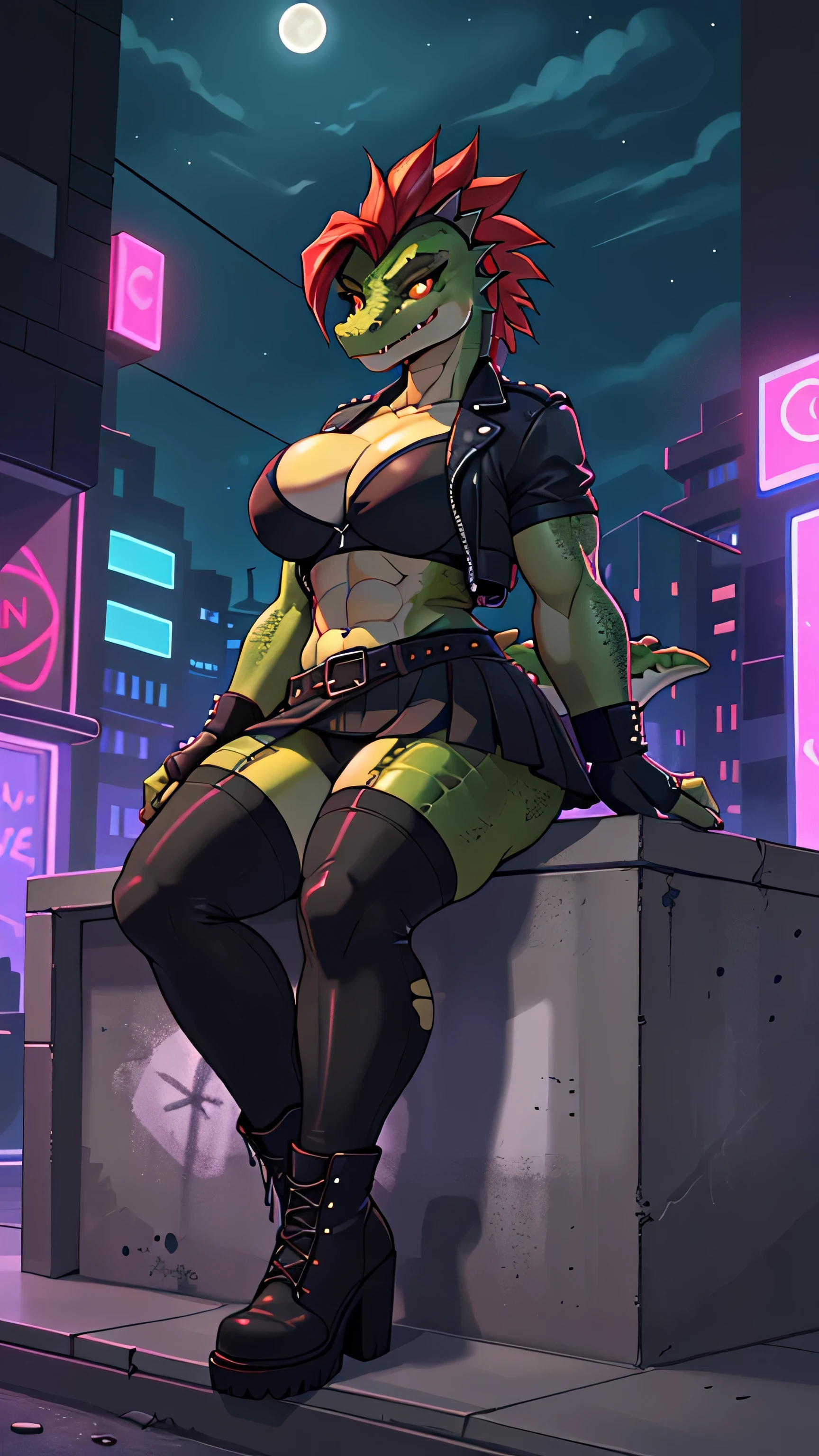 masterpiece, top quality, best quality, highly detailed, 8k, super high resolution, absurdres, perfect anatomy, ((highly detailed beautiful face and eyes)), solo focus, (scalie female anthro), (adult), (((scalie green crocodile body))), (lizard snout, detailed green scales), (yellow underbelly), orange eyes, ((dark red undercut)), ((large breasts, wide hips, defined abs)), ((scowl)), ((punching stance)), ((biker jacket, black bandeau, short sleeves)), ((((black miniskirt)))), ((fingerless gloves)), ((tattered stockings)), ((red belts)), (night, abandoned lot backdrop, construction site), (nude, breasts, detailed nipples, exposed vagina, with bushy pubic and armpit hair)