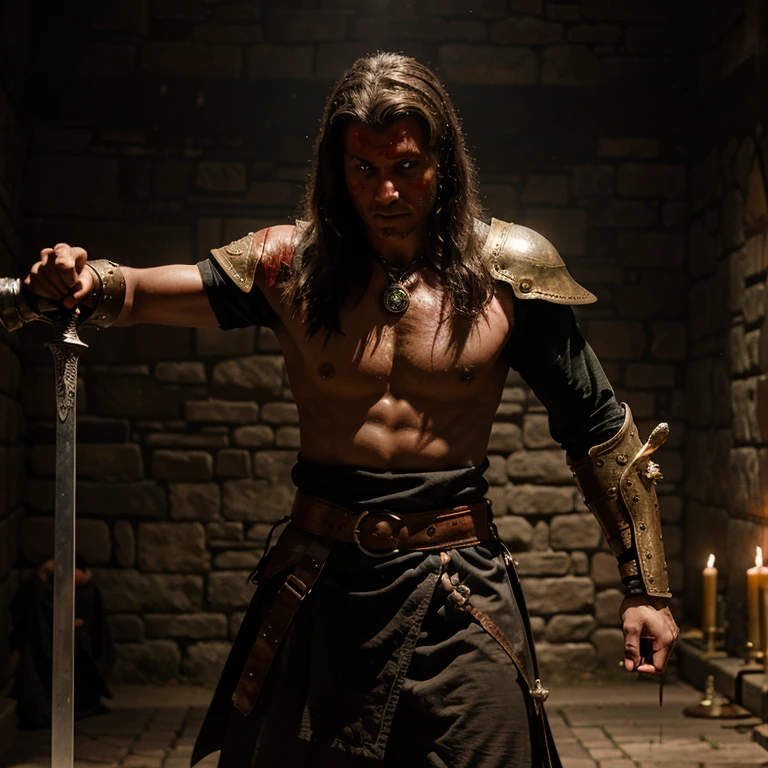 I want an image of a warrior from medieval times with a sword covered in blood