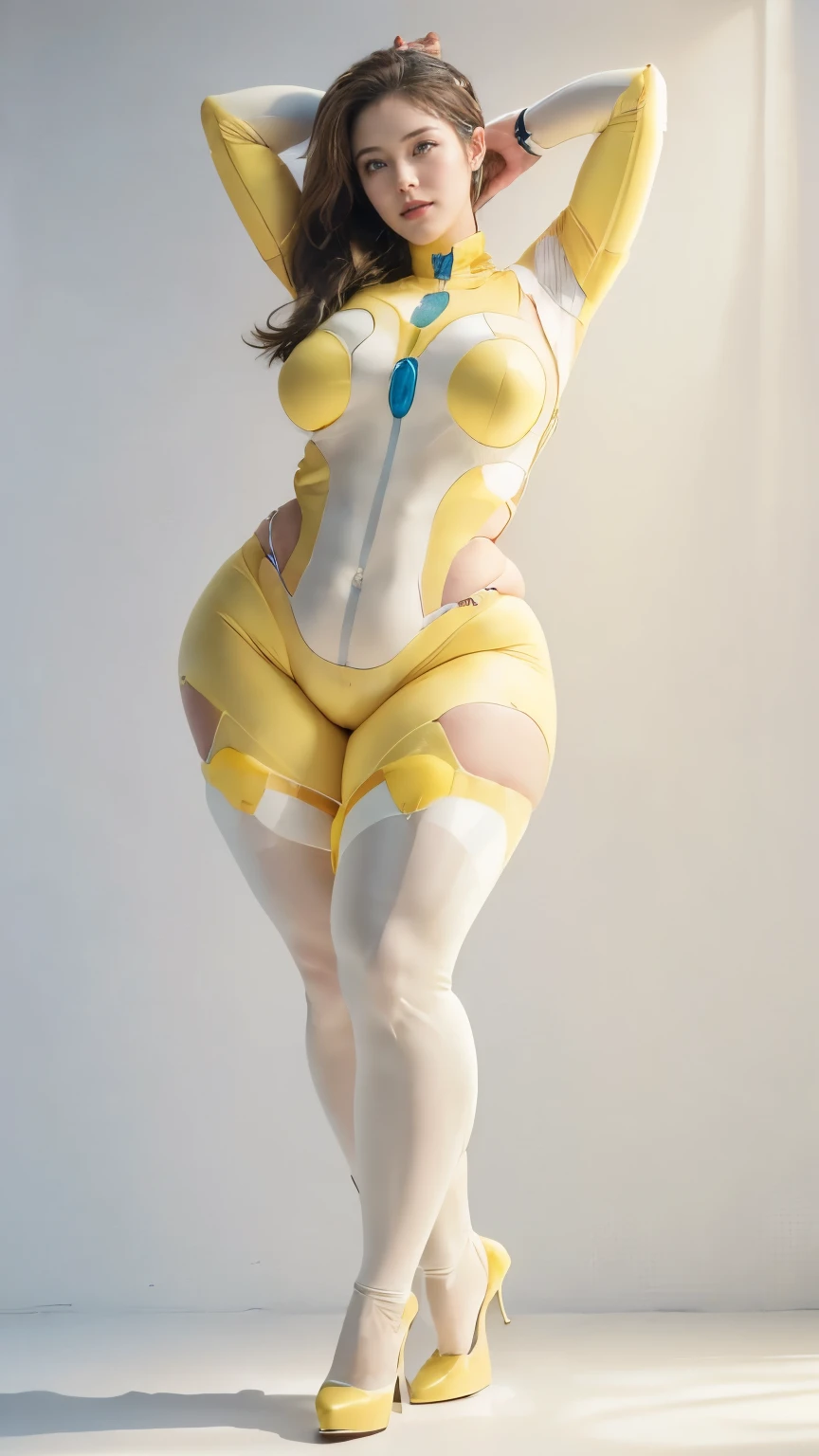 (highest quality、8k、32k、masterpiece、Ultra-high resolution:1.2、Perfect body beauty:1.2、Wearing a futuristic hero suit that glows pale yellow and white:1.5、Cute 25 year old White woman、Big and ample breasts:1.5、Upper Body、front、Simple Background、Looking at the audience、Dynamic pose:1.8、sunlight、nswf:1.5 ((Light yellow rubber suit)),((Huge slack)),((heavy body)),((Wide Hips)),((Thick body)),((Fat belly)),((Fat girl)),((Chubby)),((Big Size)),((White woman)),((Brown Hair)),((short hair)),((blue eyes)),((Full body portrait))、Long socks、I can't see my bare skin、High heels、Full body portrait、ponytail、Simple Background、Full body portrait、Full body portrait、High heels、Stand with your feet shoulder-width apart、One Woman、Simple white background、