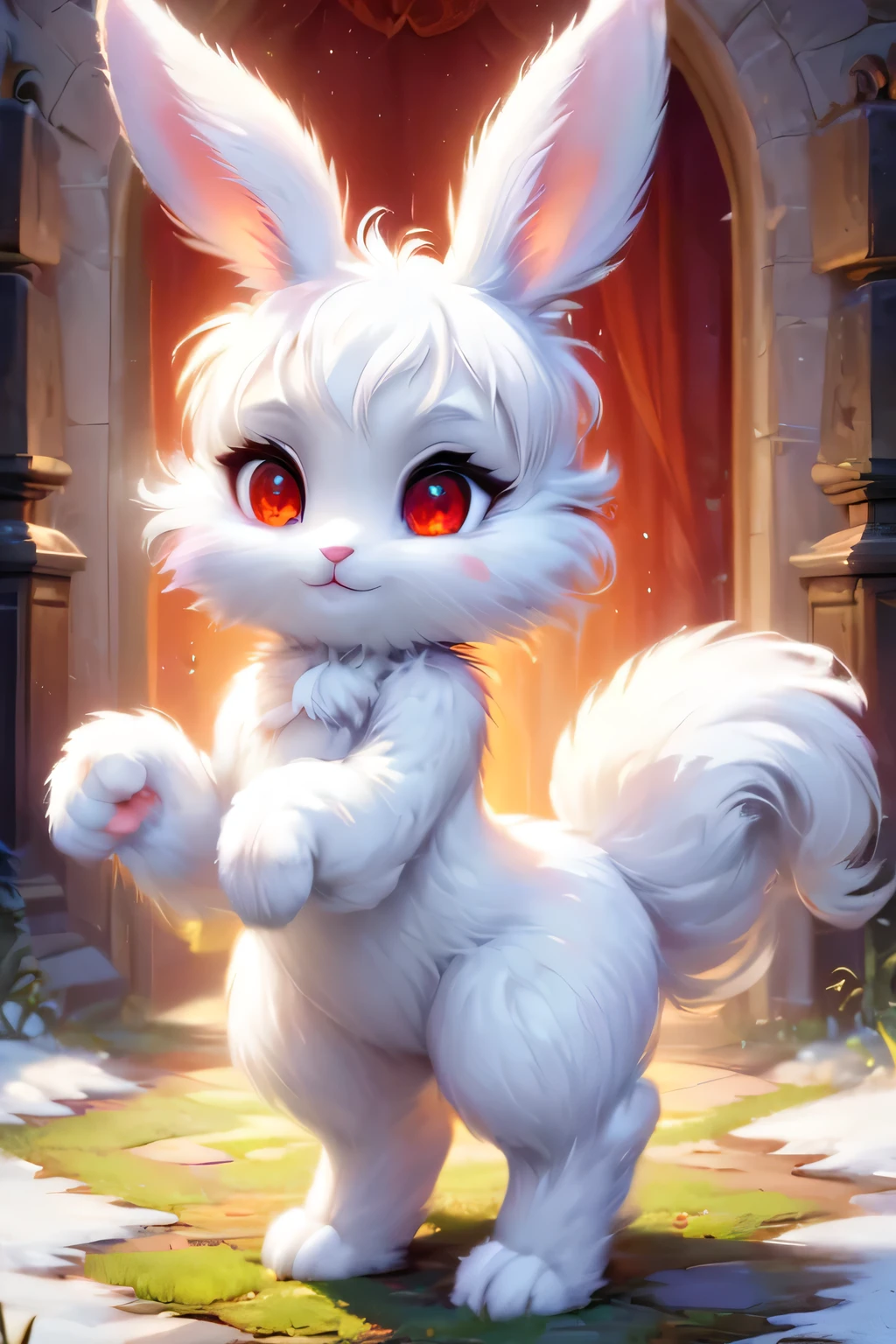 fantasy art , 8K, HD, Creature magic,white,red eyes,male,cute,pretty,rabbit,standing,anthro,white furry,looking in the camera,fluffy hands,masterpiece,perfect art,friend female pony