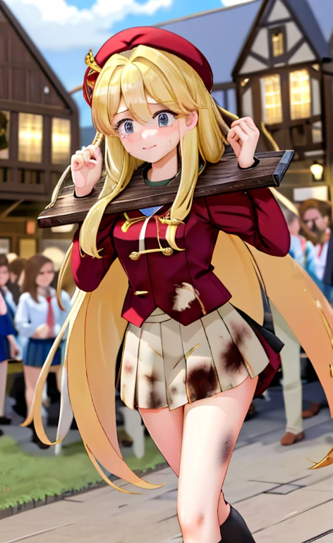 high school girl Pleated skirt mini skirt Beautiful long blonde hair Embarrassing Tears overflow from my eyes pillory 3girls dirty walking in the crowd Medieval town