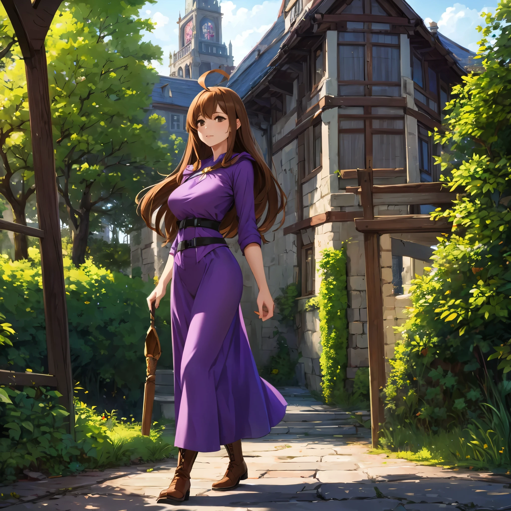 a woman wearing a purple sorceress dress, brown boots, brown hair, brown eyes, an ahoge, walking on a medieval road, with trees and an open field., HDR , ultra resolution, sharp, masterpiece, 8K HD (solo woman)
