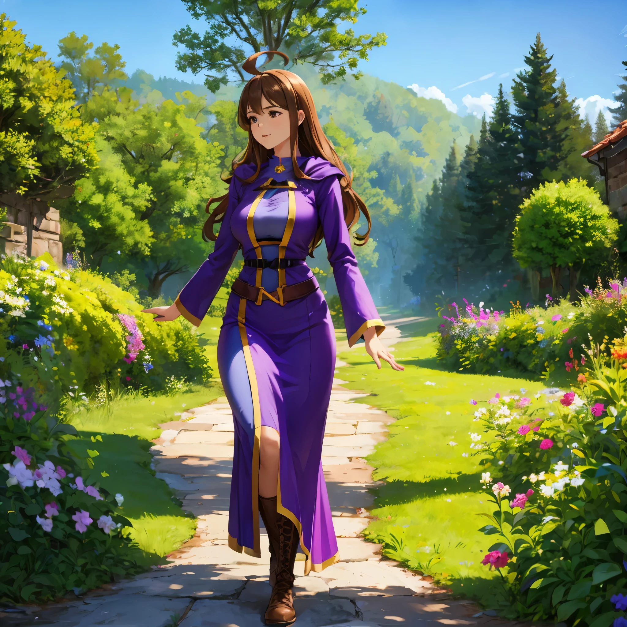 a woman wearing a purple sorceress dress, brown boots, brown hair, brown eyes, an ahoge, walking on a medieval road, with trees and an open field., HDR , ultra resolution, sharp, masterpiece, 8K HD (solo woman)
