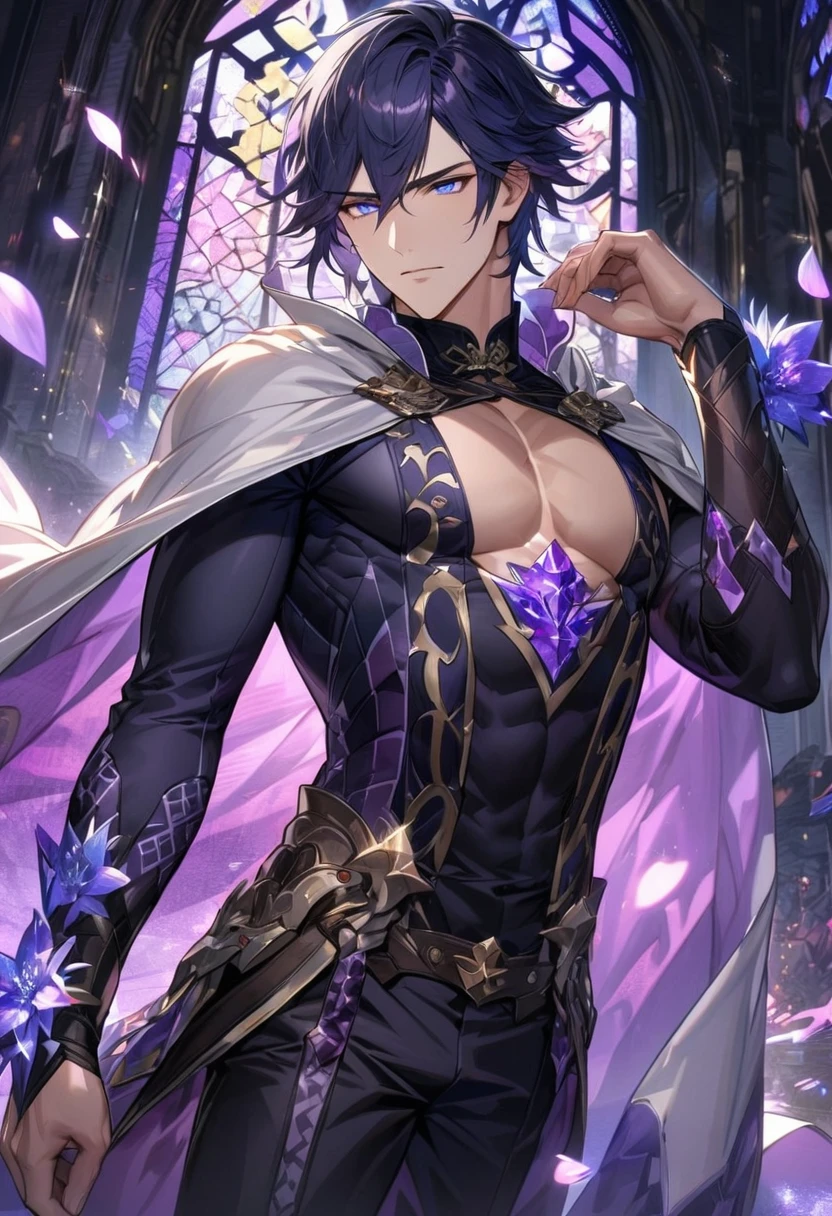 Ultra detailed, HDR, Highres, absurdres, master piece, Chrom, dark blue hair, expressive blue eyes, Fire Emblem Awakening, white cape with patterns, black tight shirt, purple stained glass, purple ice, petals, purple ice flowers, sexy man, solo, extremely detailed face and eyes, extremely handsome, glittering, black pants, toned chest, glittering eyes,