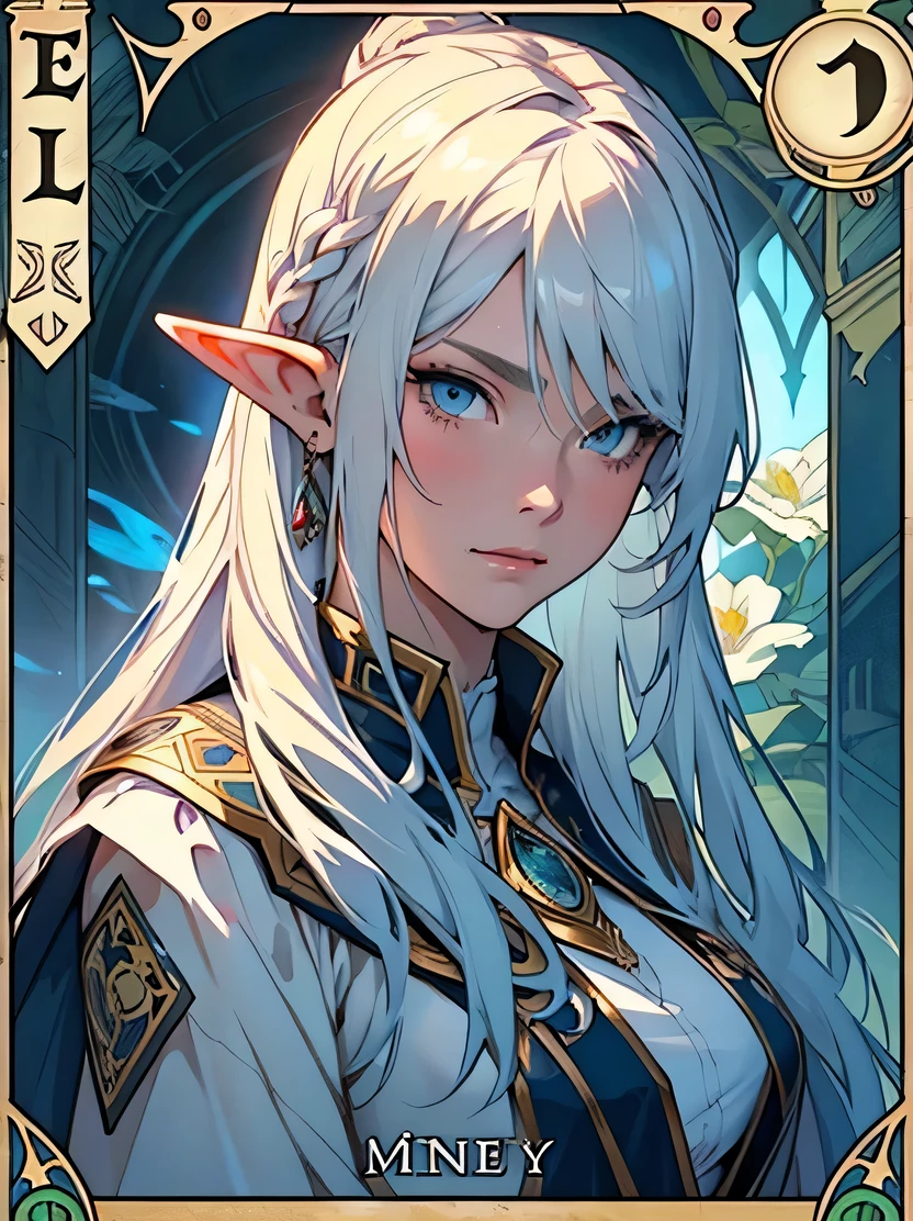 ((masterpiece、highest quality、Super fine、High resolution、Sharp focus、Cinematic lighting))、((1 female、Bust Shot))、Face Light、Elf Girl、Portrait of the face of a European elf、Shapeless long hair、Glowing Skin、Detailed face、Wearing patterned robes、cloud、((Tarot Card Layout))、Floral frame、Decorative panel、 (Alphonse Mucha) 、Cerulean、 Fibonacci
