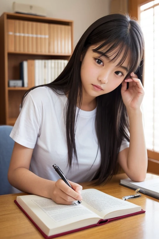 A Japanese  girl writing a book,14 years old,Japanite tight T-shirt,Breast flash,skirt,Mid-chest:1.5,Black Hair,Long Hair,Soft lips,Fine skin,(Glowing Skin),(masterpiece:1.4),(highest quality:1.4),Bedroom,Looking at the camera,Close-up,There is a book and a pen on the desk,Bird&#39;s Eye View,