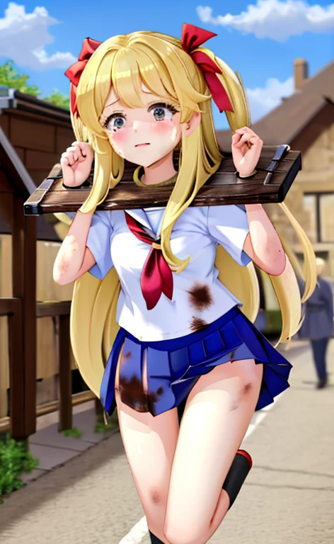 High school girl in sailor suit Pleated skirt mini skirt Beautiful long blonde hair Embarrassing Tears overflow from my eyes pillory 3girls dirty walking in the crowd Medieval town