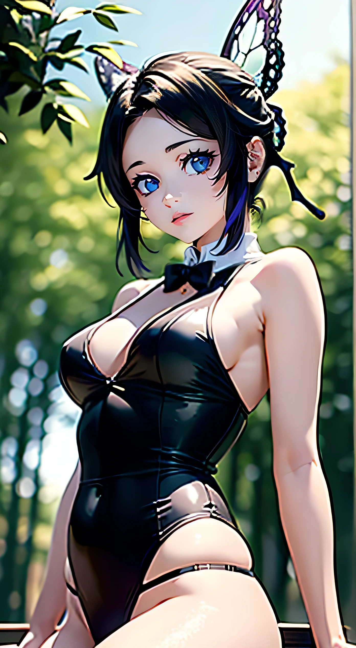 masterpiece, Highest quality, Extremely clear images, High resolution, One girl, solo, kocho shinobi, Master Parts, Highest quality, Highest, One girll, In the bamboo forest,There is a big bright moon in the background, kochou shinobu, big butterfly hair clip, butterfly hair jewelry, Purple eyes, variegated hair, short hair, Different lanes,In underwear, White lace panties,Fine grain,(Excellent rendering),Dynamic configuration,Rich colors,Fine details,Surreal,Relaxed atmosphere,Realism,Improves facial skin tone,Character looking at camera,Decorate your hair with a bow tie, Purple eyes, variegated hair, short hair, Parted bangs, Cowboy Shot, In the woods, Gazing at the starry sky, Shut your mouth., A night of countless shining stars, Ideal object in the Milky Way, Perfect Girl, Perfect detail, Ultra HD |, 8k, Professional photos, Anime style demon slayer,