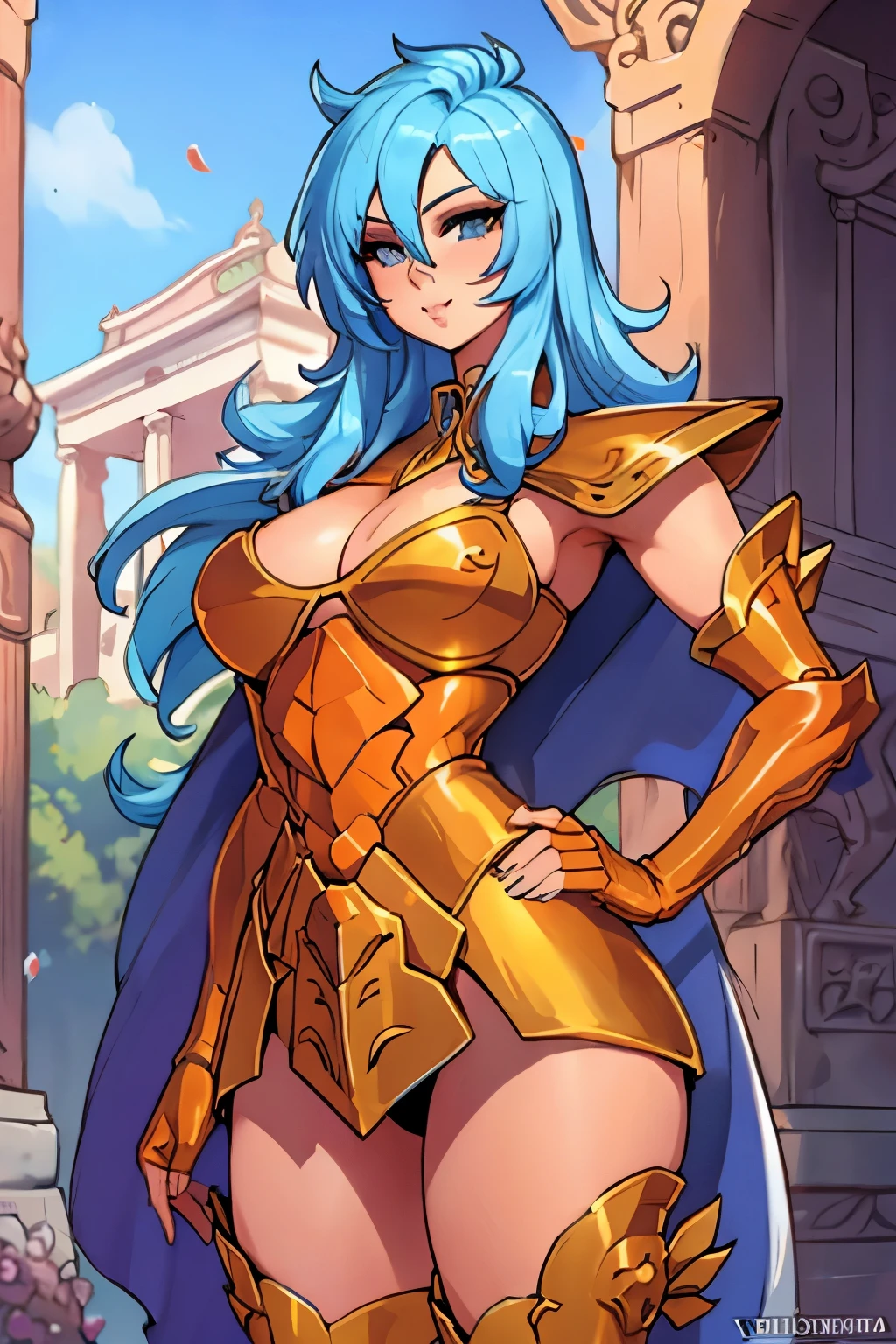 obra maestra, Mejor calidad, obra maestra, cara detallada, ojos detallados, cuerpo completo, 1 chica, pelo azul, pelo largo, blue hair, long hair, red lips, armadura de bikini femenina,, rosa en la boca, templo griego, rosas en el suelo, sexy,