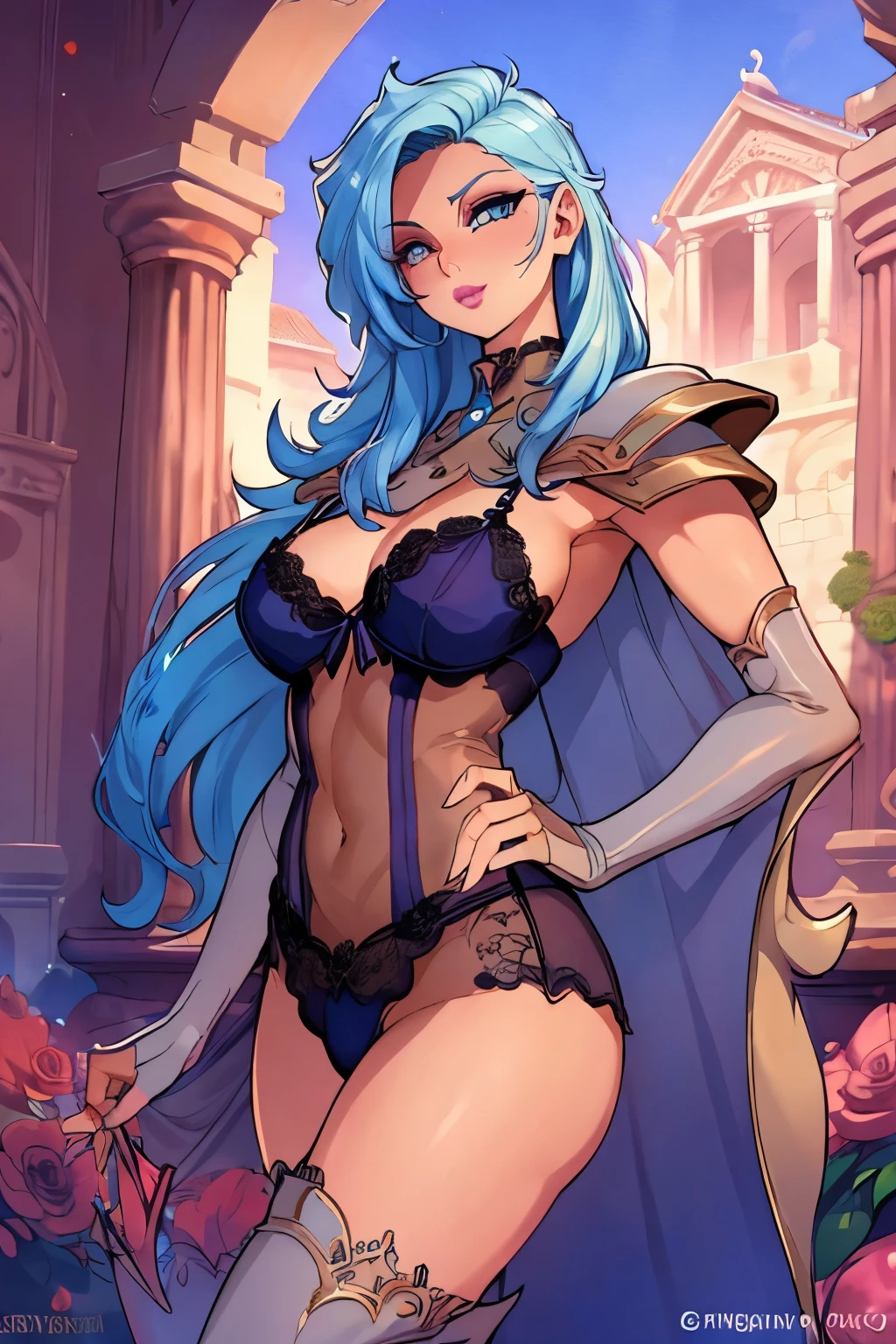 obra maestra, Mejor calidad, obra maestra, cara detallada, ojos detallados, cuerpo completo, 1 chica, pelo azul, pelo largo, blue hair, long hair, red lips, lingerie, medias, rosa en la boca, templo griego, rosas en el suelo, sexy,